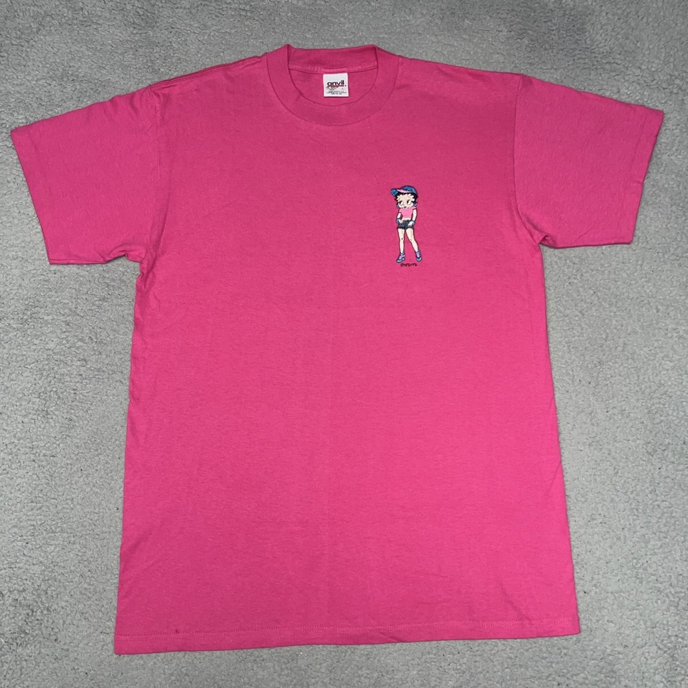 VTG Anvil Betty Boop T Shirt Men's Sz L Bright Pink Embroidered Logo Tee 90s